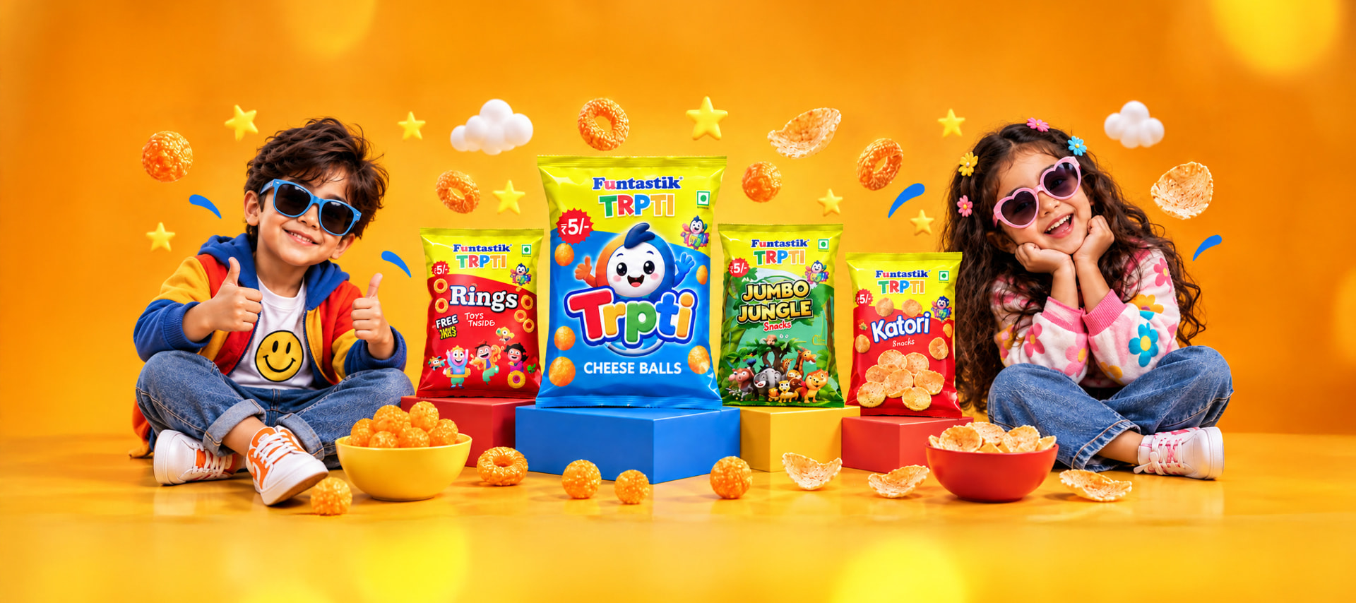 Young Tripti snack fans with colourful Tripti snack packs